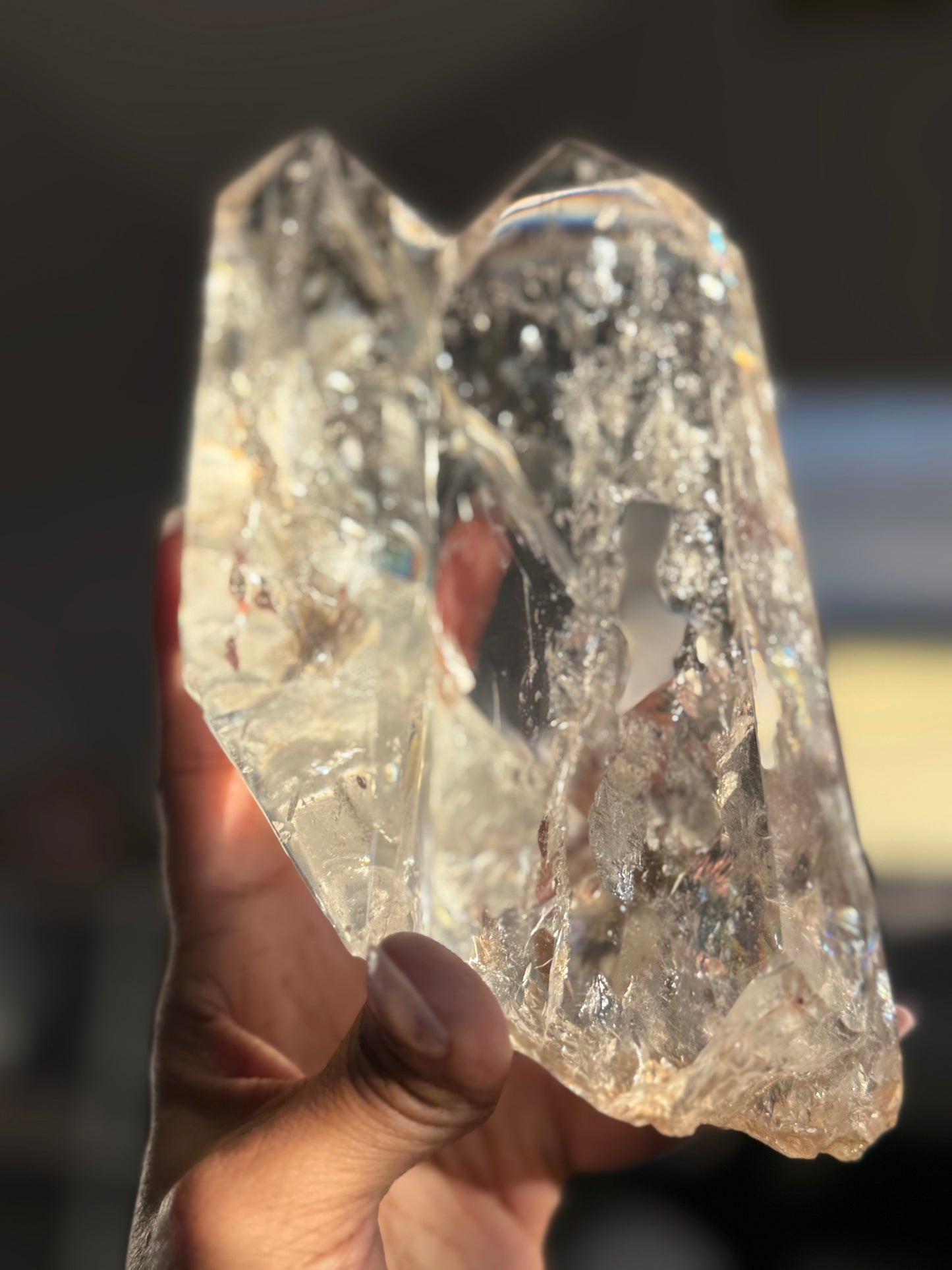 Twin Quartz Crystal, Tantric Twin Flame Quartz , A-Grade Clear Quartz with Rainbows on Custom Wooden Stand,  Statement Crystal Specimen