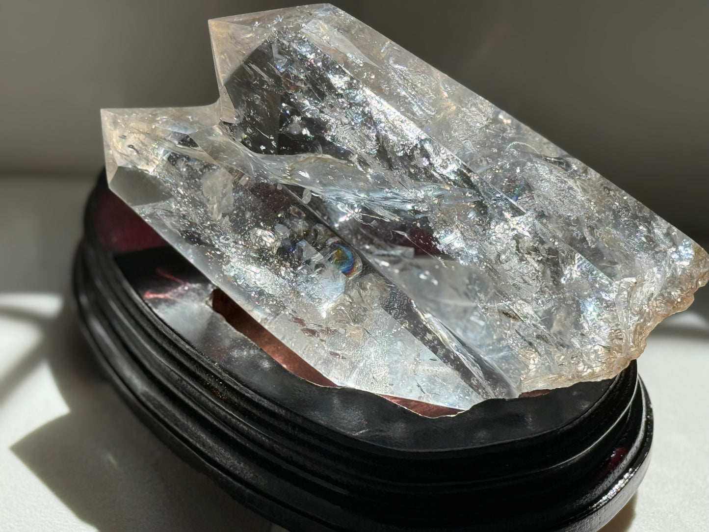 Twin Quartz Crystal, Tantric Twin Flame Quartz , A-Grade Clear Quartz with Rainbows on Custom Wooden Stand,  Statement Crystal Specimen