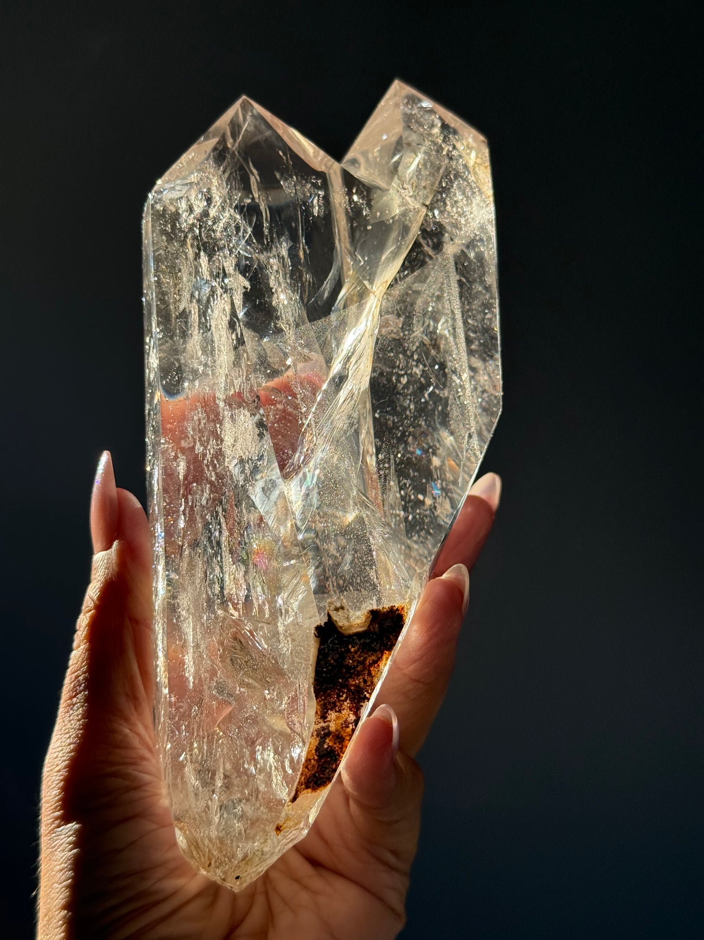Twin Quartz Crystal, Tantric Twin Flame Quartz , A-Grade Clear Quartz with Rainbows on Custom Wooden Stand,  Statement Crystal Specimen