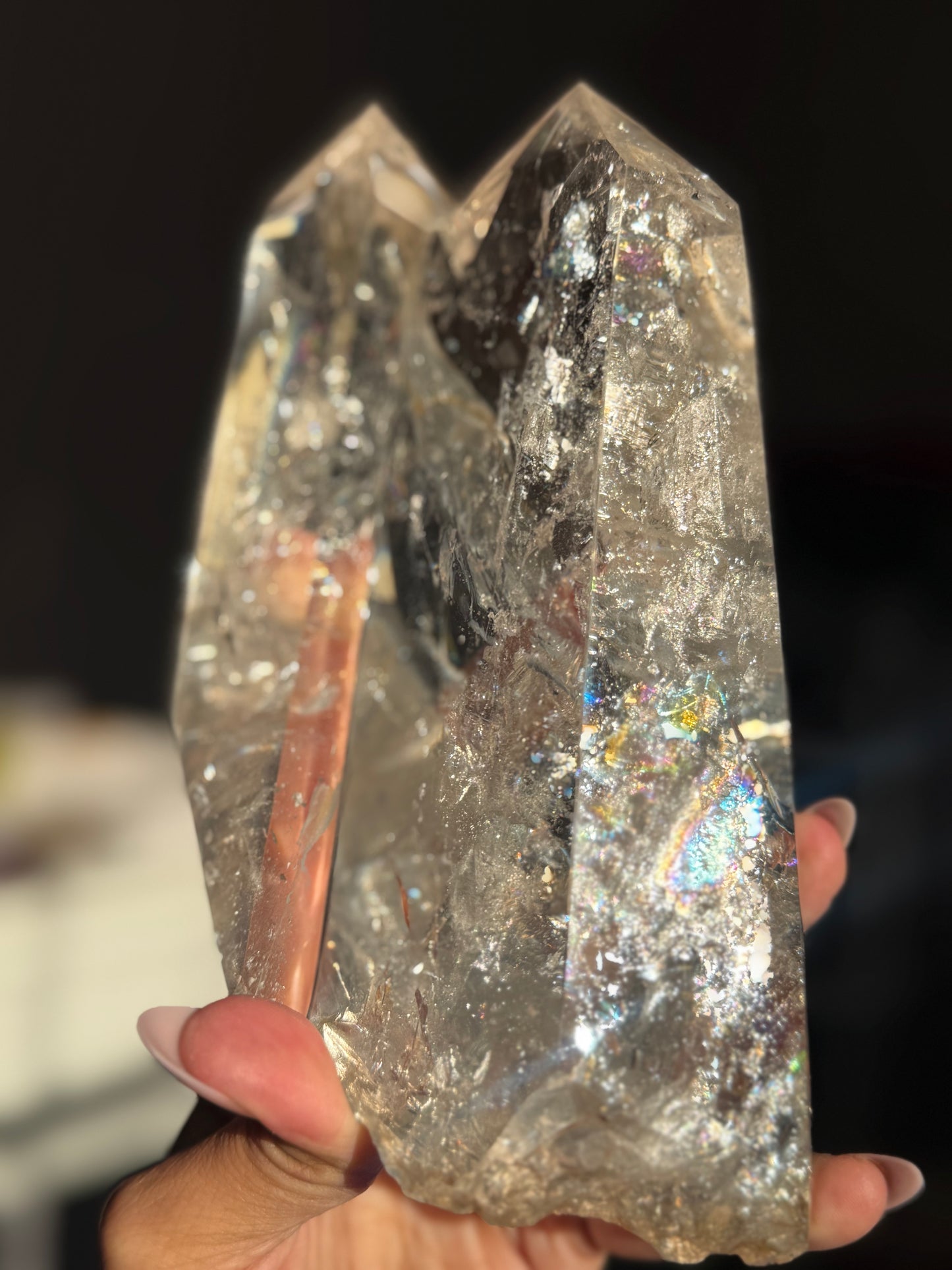 Twin Quartz Crystal, Tantric Twin Flame Quartz , A-Grade Clear Quartz with Rainbows on Custom Wooden Stand,  Statement Crystal Specimen