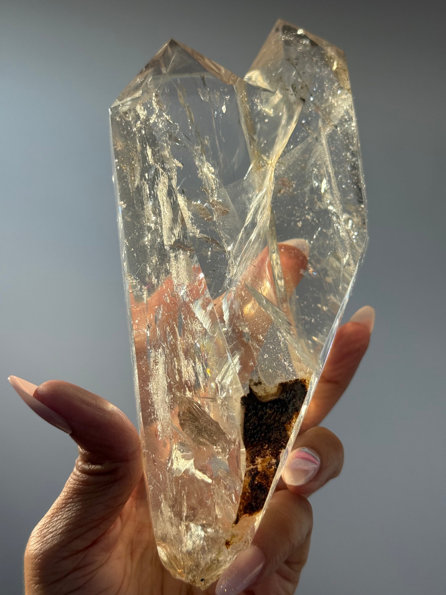 Twin Quartz Crystal, Tantric Twin Flame Quartz , A-Grade Clear Quartz with Rainbows on Custom Wooden Stand,  Statement Crystal Specimen