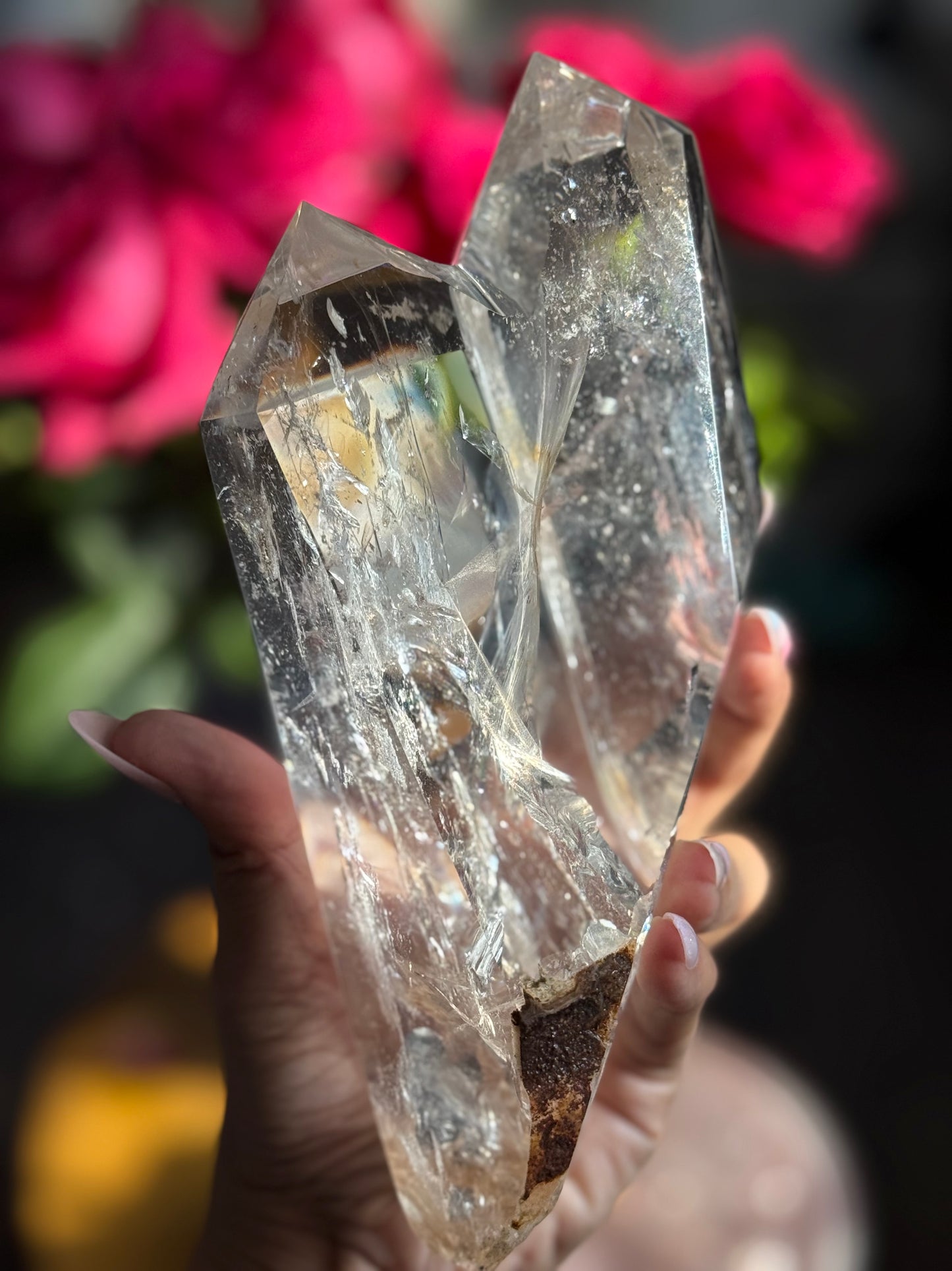 Twin Quartz Crystal, Tantric Twin Flame Quartz , A-Grade Clear Quartz with Rainbows on Custom Wooden Stand,  Statement Crystal Specimen