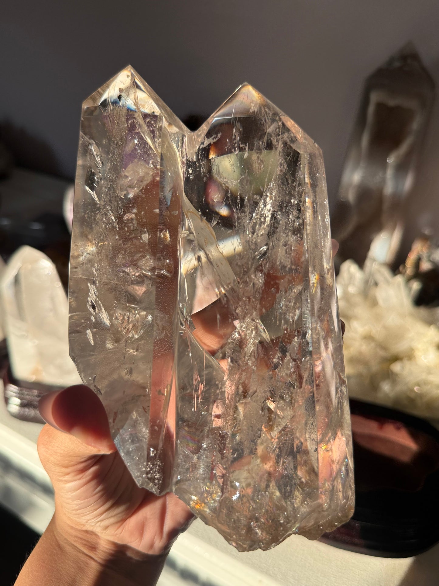 Twin Quartz Crystal, Tantric Twin Flame Quartz , A-Grade Clear Quartz with Rainbows on Custom Wooden Stand,  Statement Crystal Specimen
