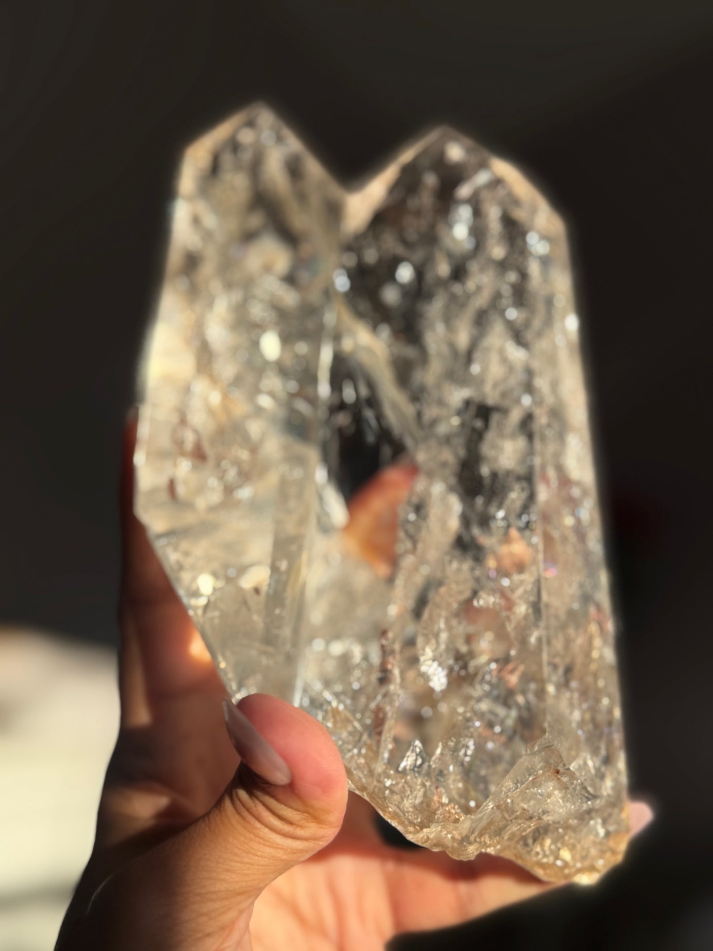 Twin Quartz Crystal, Tantric Twin Flame Quartz , A-Grade Clear Quartz with Rainbows on Custom Wooden Stand,  Statement Crystal Specimen