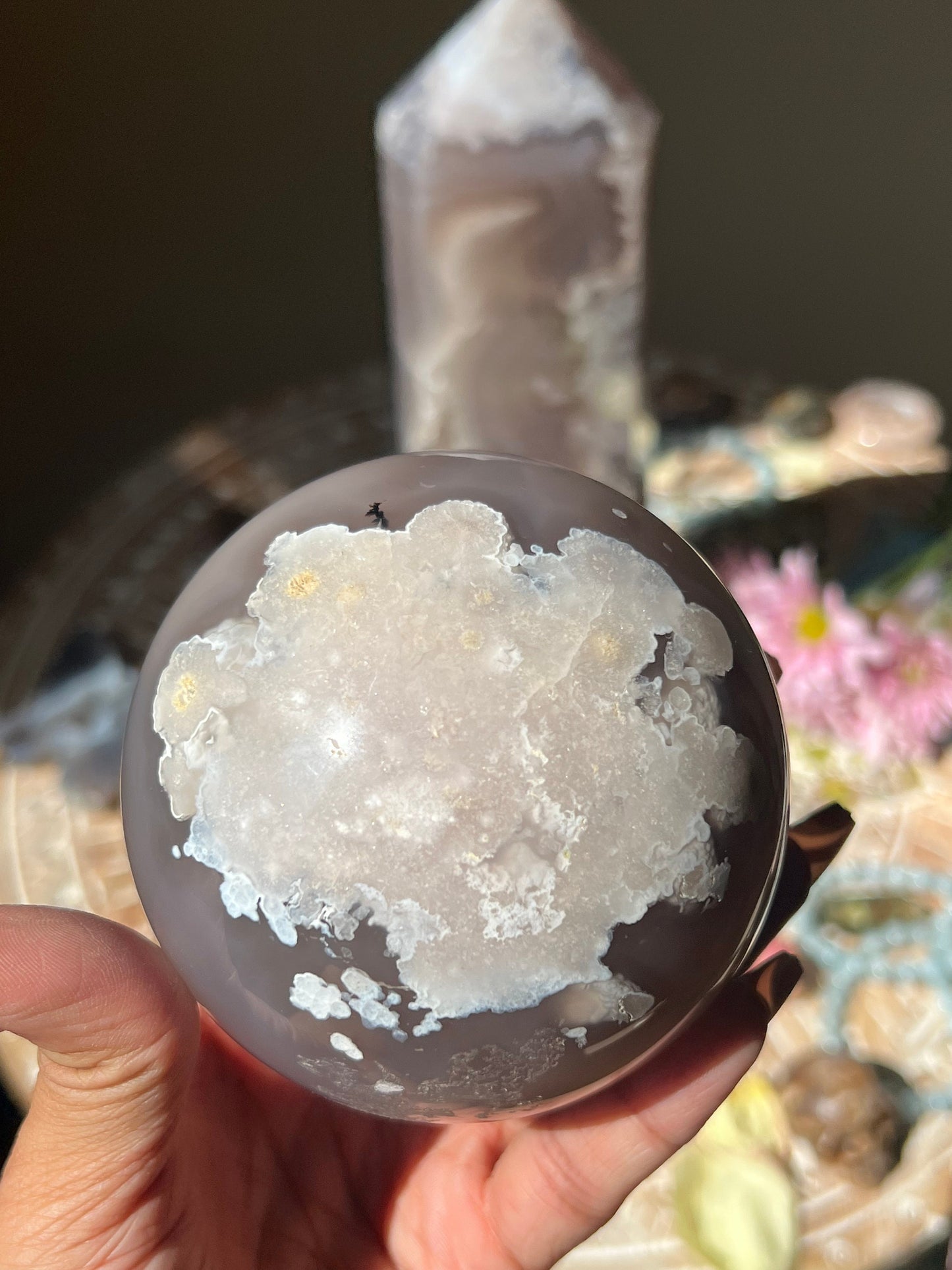 Black Flower Agate Sphere, Flower Agate, Large Flower Agate, Crystal Gifts, Spiritual Decor, Crystal Ball,