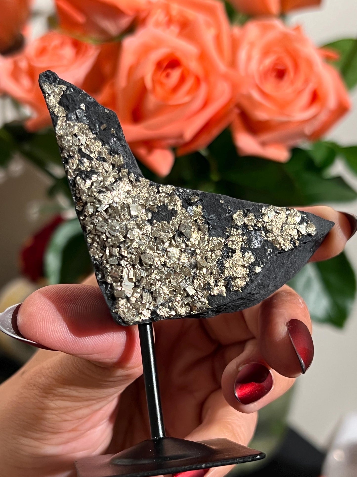 Shungite with Pyrite On Stand, Natural Shungite, Shungite with Pyrite, Raw Shungite, Crystal Gifts, Metaphysical Gifts, Spiritual Decor