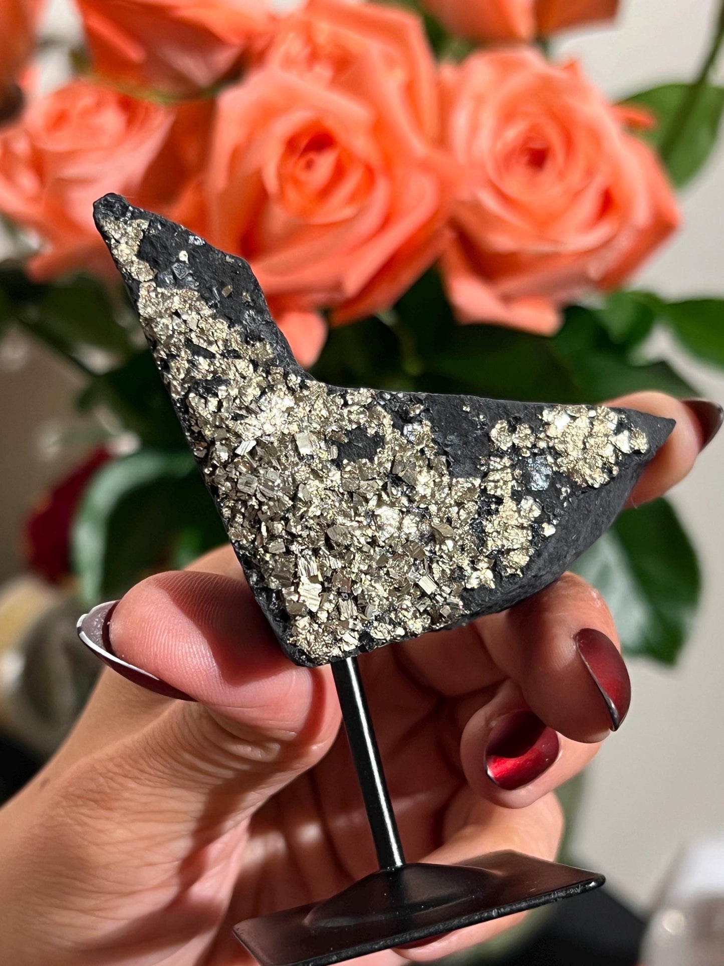 Shungite with Pyrite On Stand, Natural Shungite, Shungite with Pyrite, Raw Shungite, Crystal Gifts, Metaphysical Gifts, Spiritual Decor