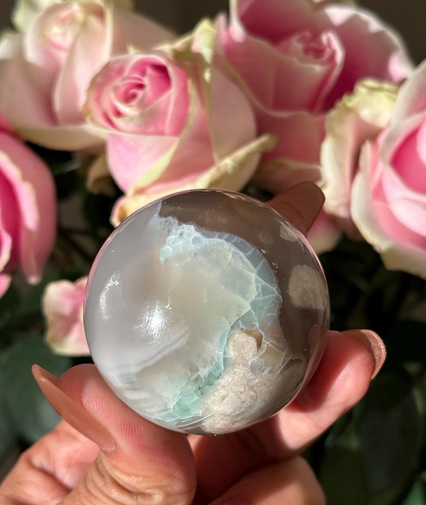 Green Flower Agate, Green Flower Agate Sphere, Sakura Agate, Cherry Blossom Agate, Heart Crystals, Crystal Gifts, Metaphysical Gifts