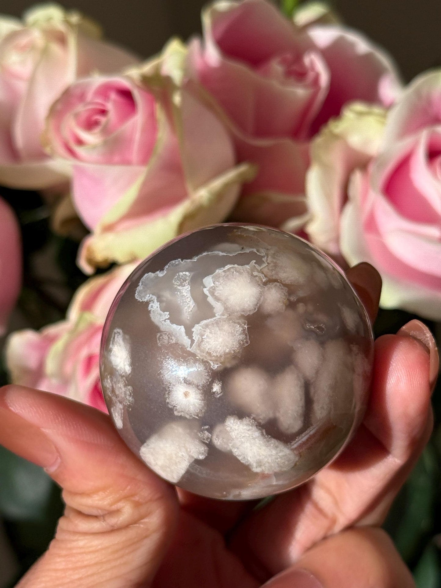 Green Flower Agate, Green Flower Agate Sphere, Sakura Agate, Cherry Blossom Agate, Heart Crystals, Crystal Gifts, Metaphysical Gifts