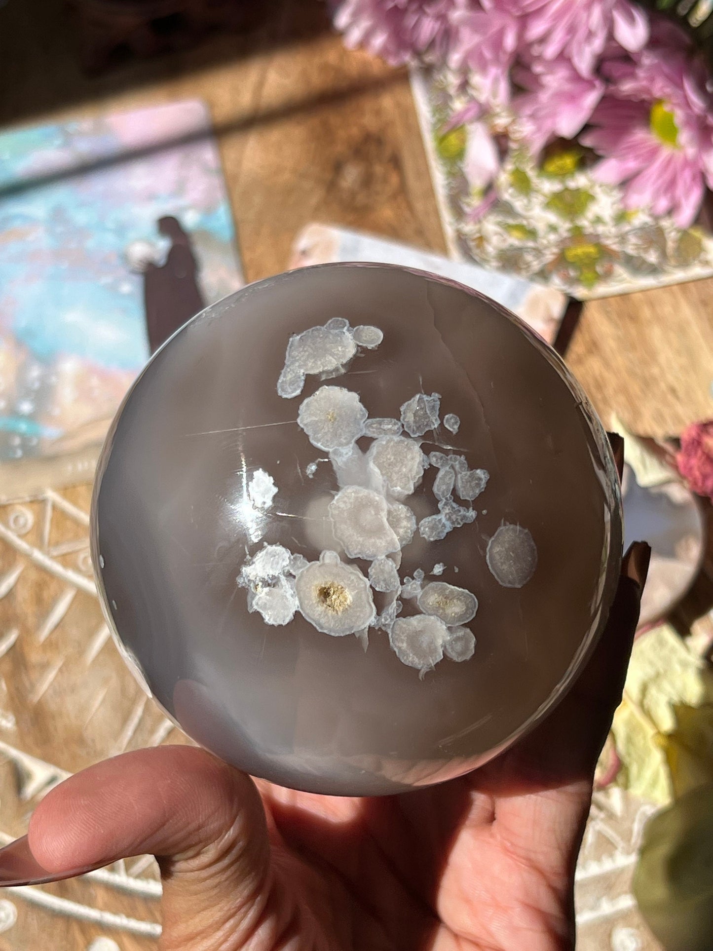 Black Flower Agate Sphere, Flower Agate, Large Flower Agate, Crystal Gifts, Spiritual Decor, Crystal Ball,