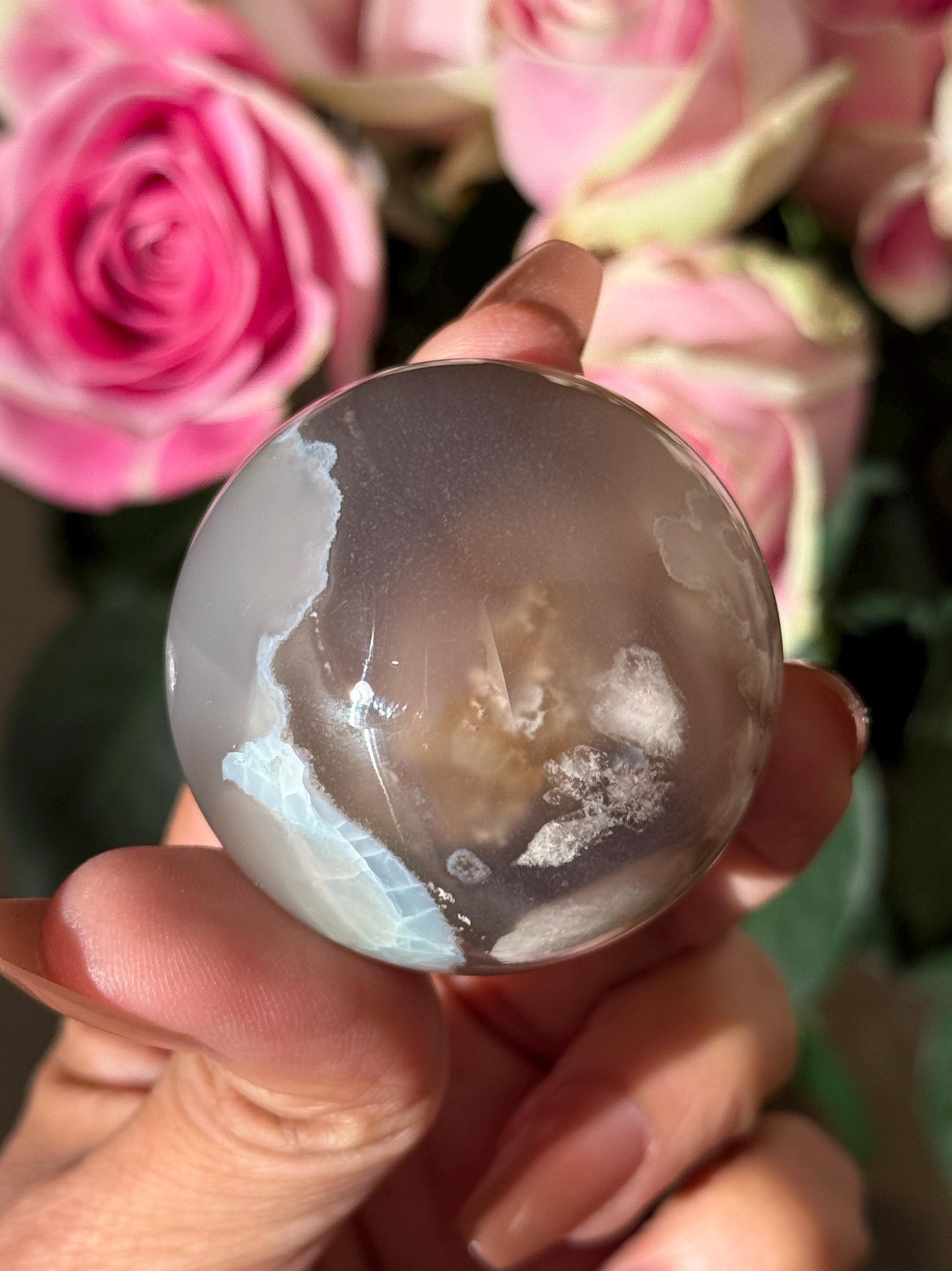 Green Flower Agate, Green Flower Agate Sphere, Sakura Agate, Cherry Blossom Agate, Heart Crystals, Crystal Gifts, Metaphysical Gifts