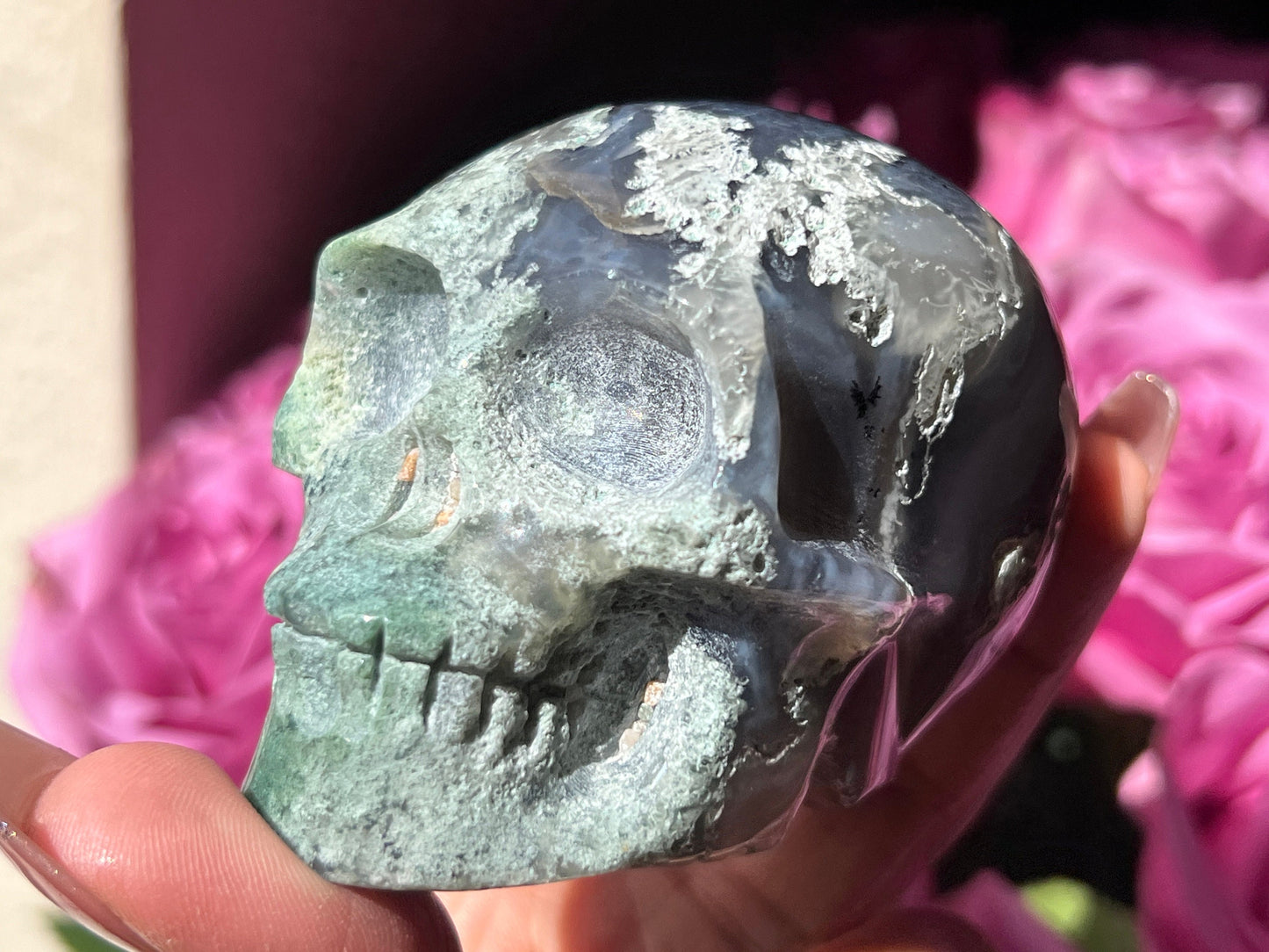 Moss Agate Skull, Druzy Moss Agate, Moss Agate Crystal, Crystal Gifts, Metaphysical Gifts, Witch Decoration, Crystal Skulls, SMALL