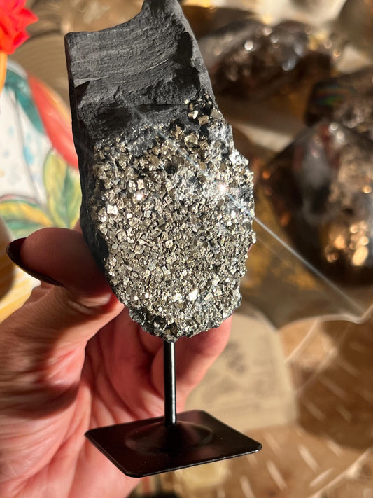Shungite with Pyrite On Stand, Natural Shungite, Shungite with Pyrite, Raw Shungite, Crystal Gifts, Metaphysical Gifts, Spiritual Decor