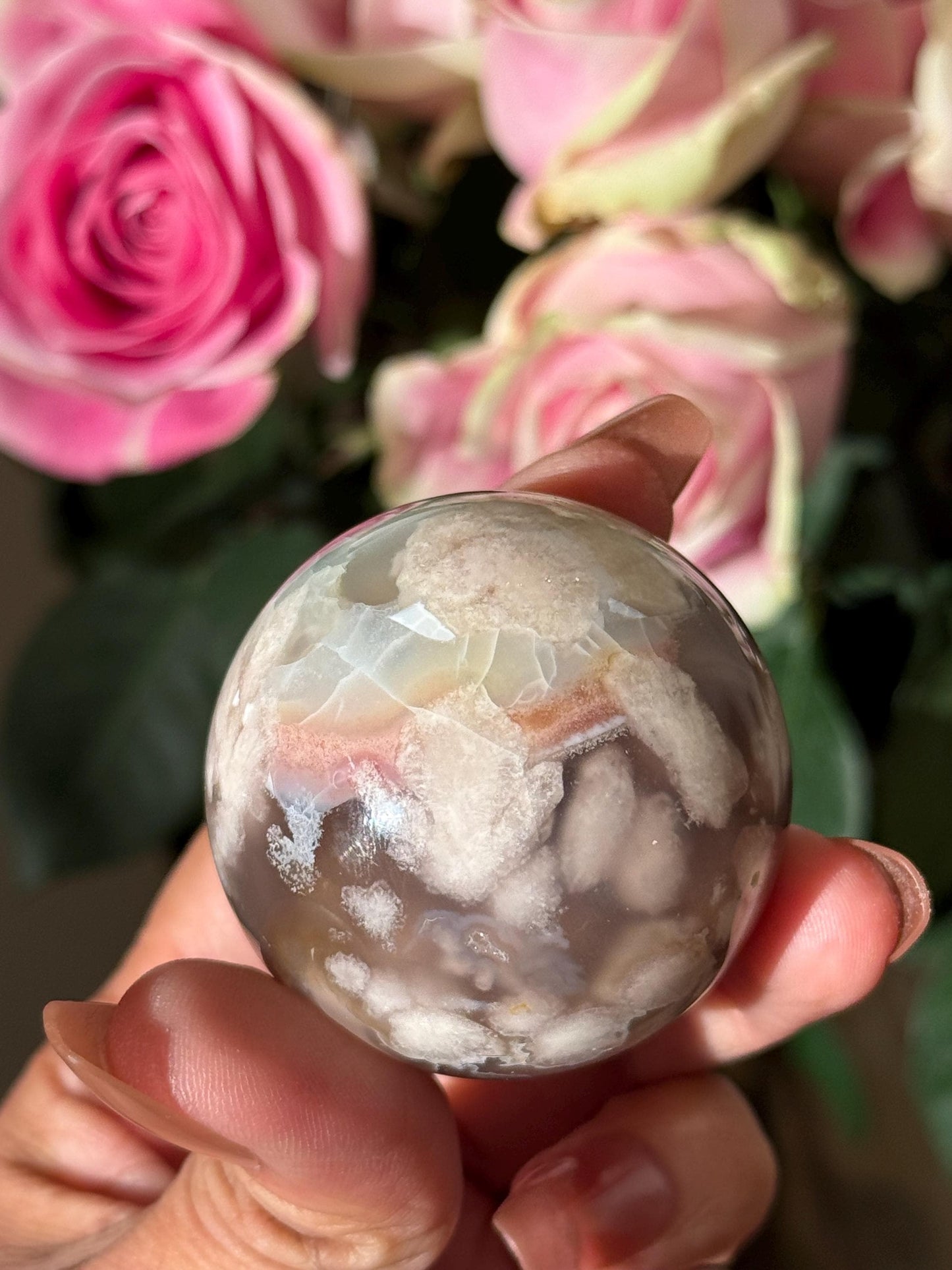 Green Flower Agate, Green Flower Agate Sphere, Sakura Agate, Cherry Blossom Agate, Heart Crystals, Crystal Gifts, Metaphysical Gifts