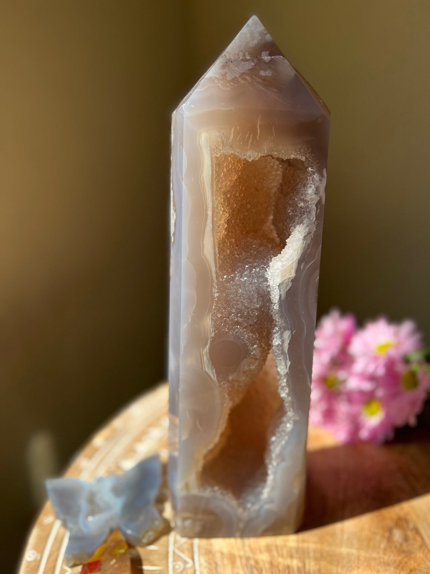 Extra Large Flower Agate Tower - Blue Flower Agate Crystal Statement