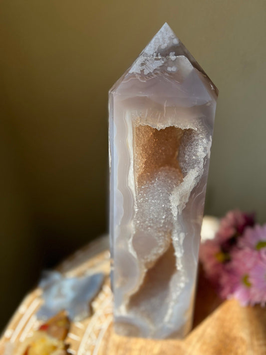Extra Large Flower Agate Tower - Blue Flower Agate Crystal Statement