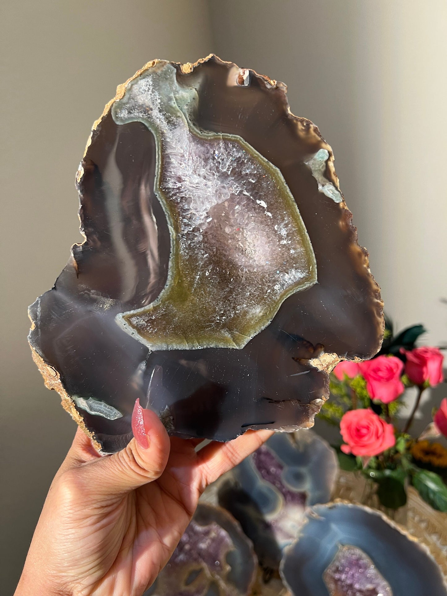 Blue Agate Slab With Amethyst Geode, Polished Amethyst Geode Slab, Crystal Slabs,Home Decoration, Amethyst Slab, Decoration for home
