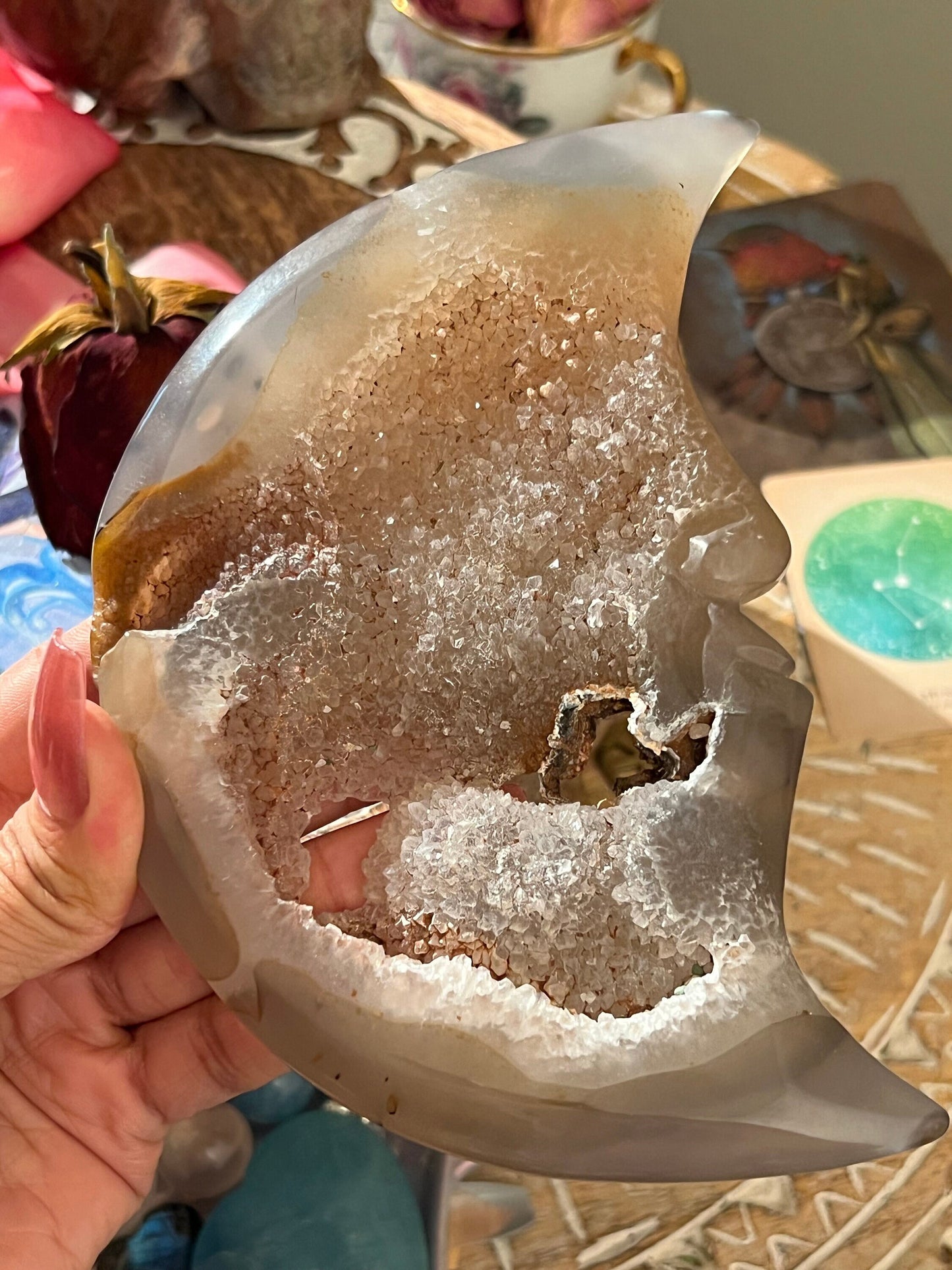 Druzy Agate Moon, Crystal MOON, Crystal Carving, Crescent Moon, Moon Decor, Crystal Gift, Metaphysical Gifts, Spiritual Decor,