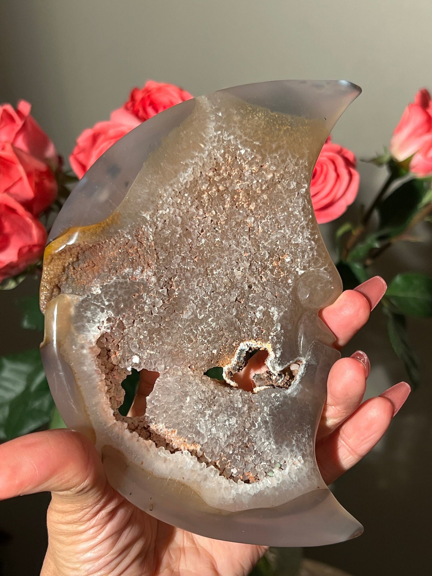 Druzy Agate Moon, Crystal MOON, Crystal Carving, Crescent Moon, Moon Decor, Crystal Gift, Metaphysical Gifts, Spiritual Decor,