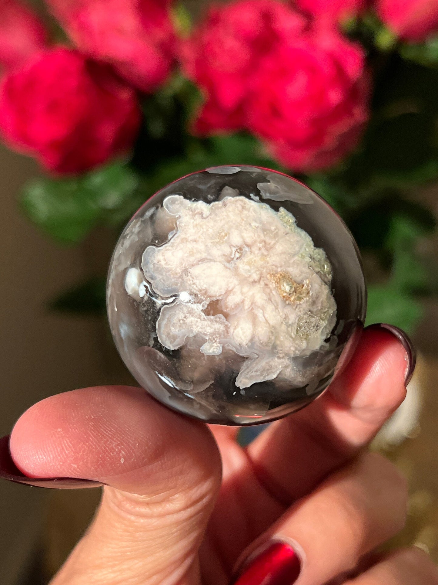 Black Flower Agate Sphere, Rare Black Flower Agate, Blue Flower Agate, Cherry Blossom Agate, Sakura Agate, Crystal Sphere, SMALL