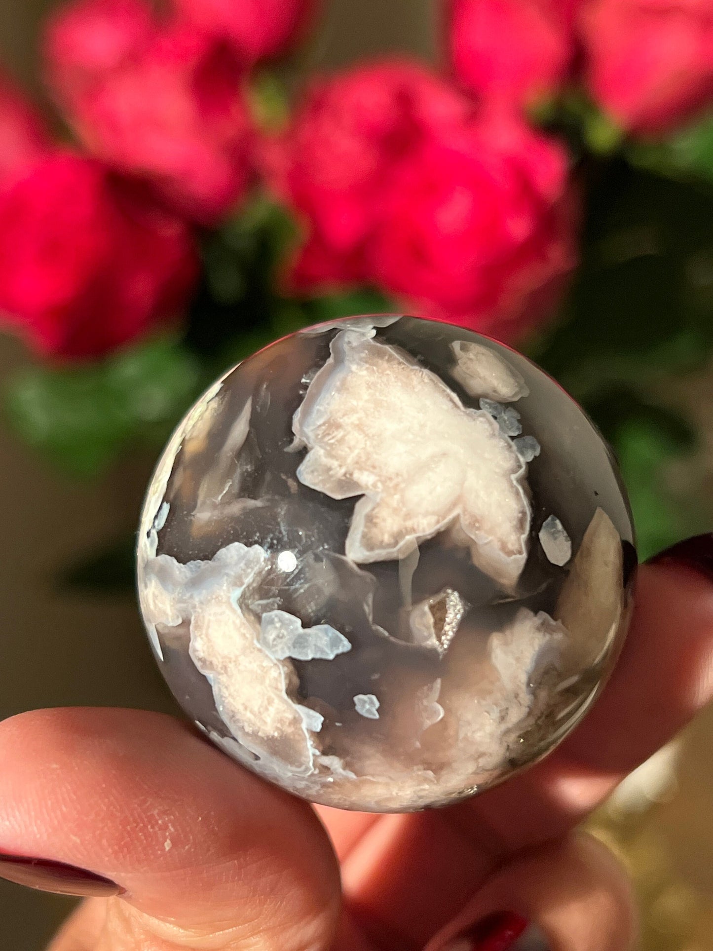 Black Flower Agate Sphere, Rare Black Flower Agate, Blue Flower Agate, Cherry Blossom Agate, Sakura Agate, Crystal Sphere, SMALL