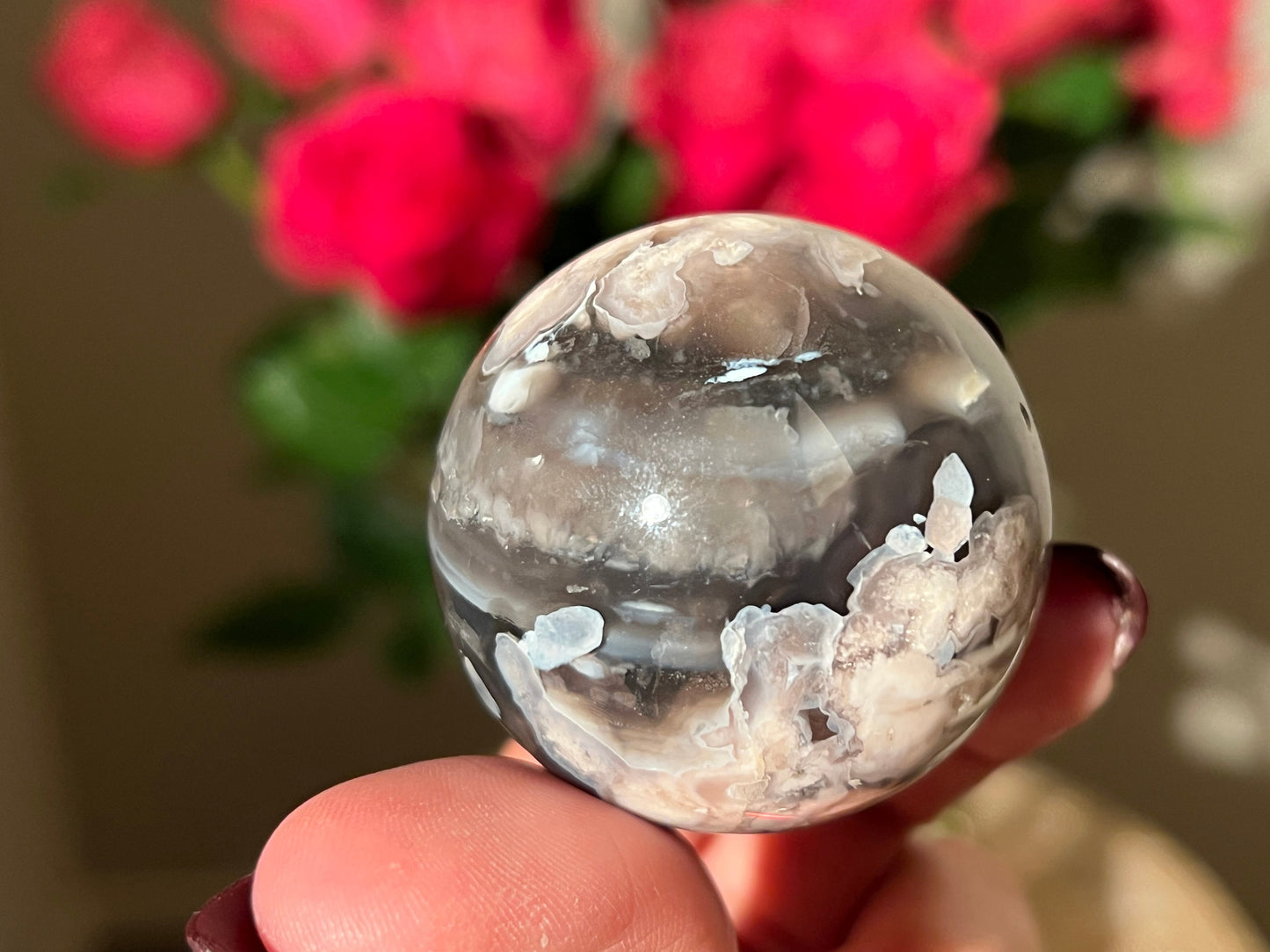 Black Flower Agate Sphere, Rare Black Flower Agate, Blue Flower Agate, Cherry Blossom Agate, Sakura Agate, Crystal Sphere, SMALL