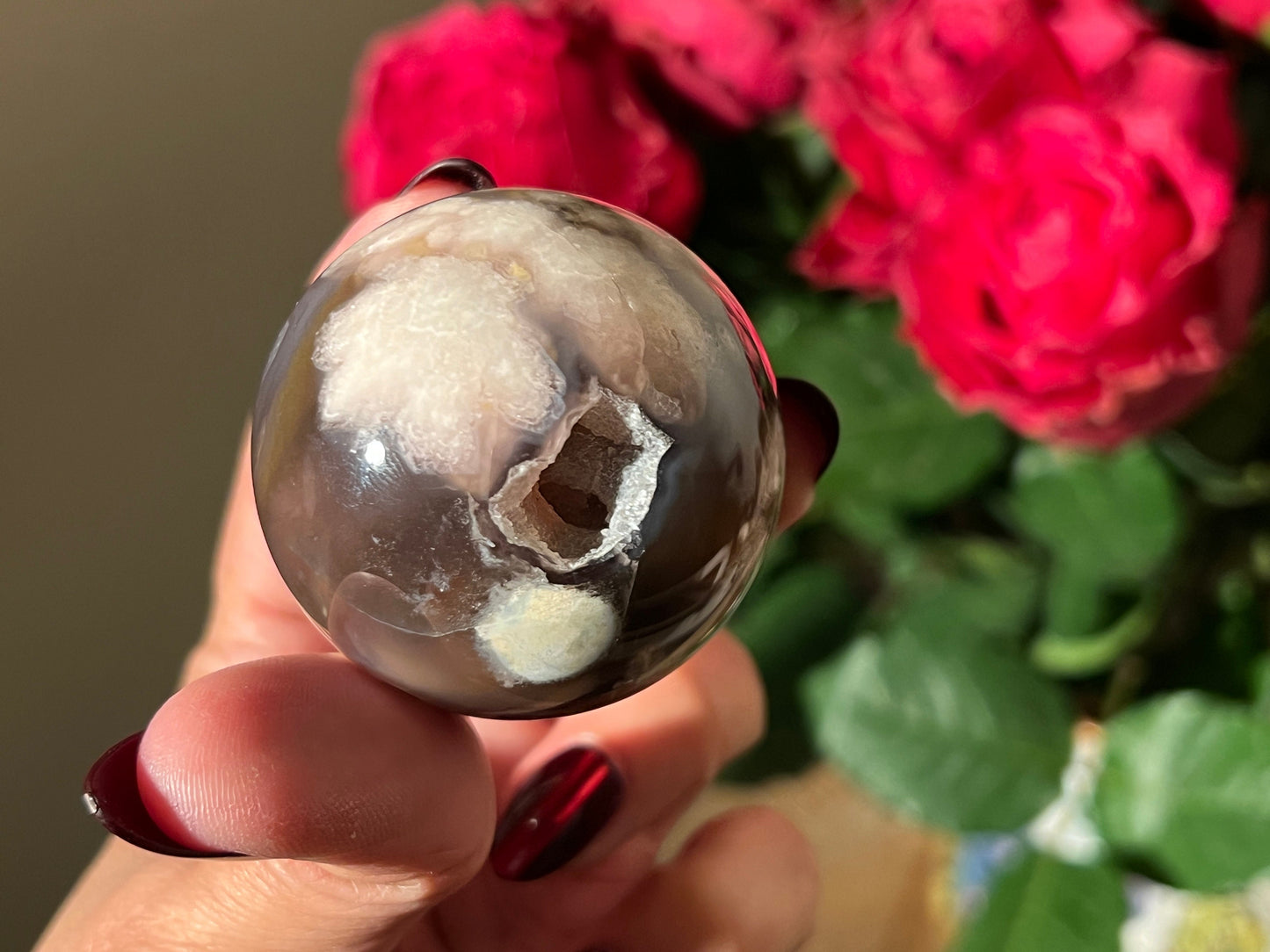 Black Flower Agate Sphere, Blue Flower Agate, Rare Black Flower Agate, Cherry Blossom Agate, Sakura Agate