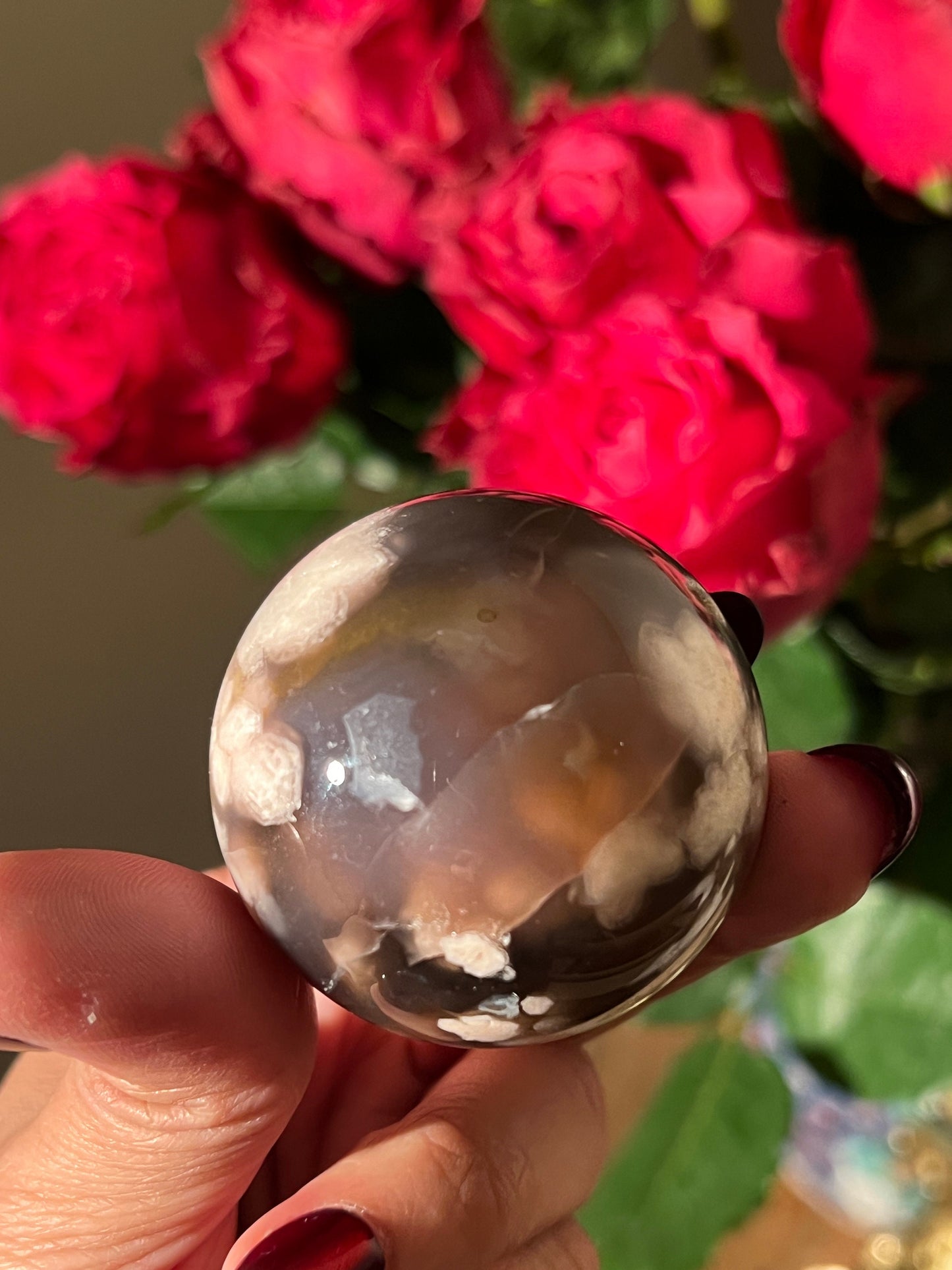 Black Flower Agate Sphere, Blue Flower Agate, Rare Black Flower Agate, Cherry Blossom Agate, Sakura Agate