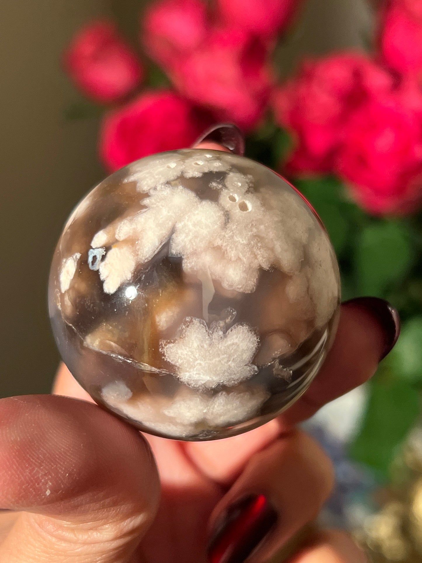 Black Flower Agate Sphere, Blue Flower Agate, Rare Black Flower Agate, Cherry Blossom Agate, Sakura Agate