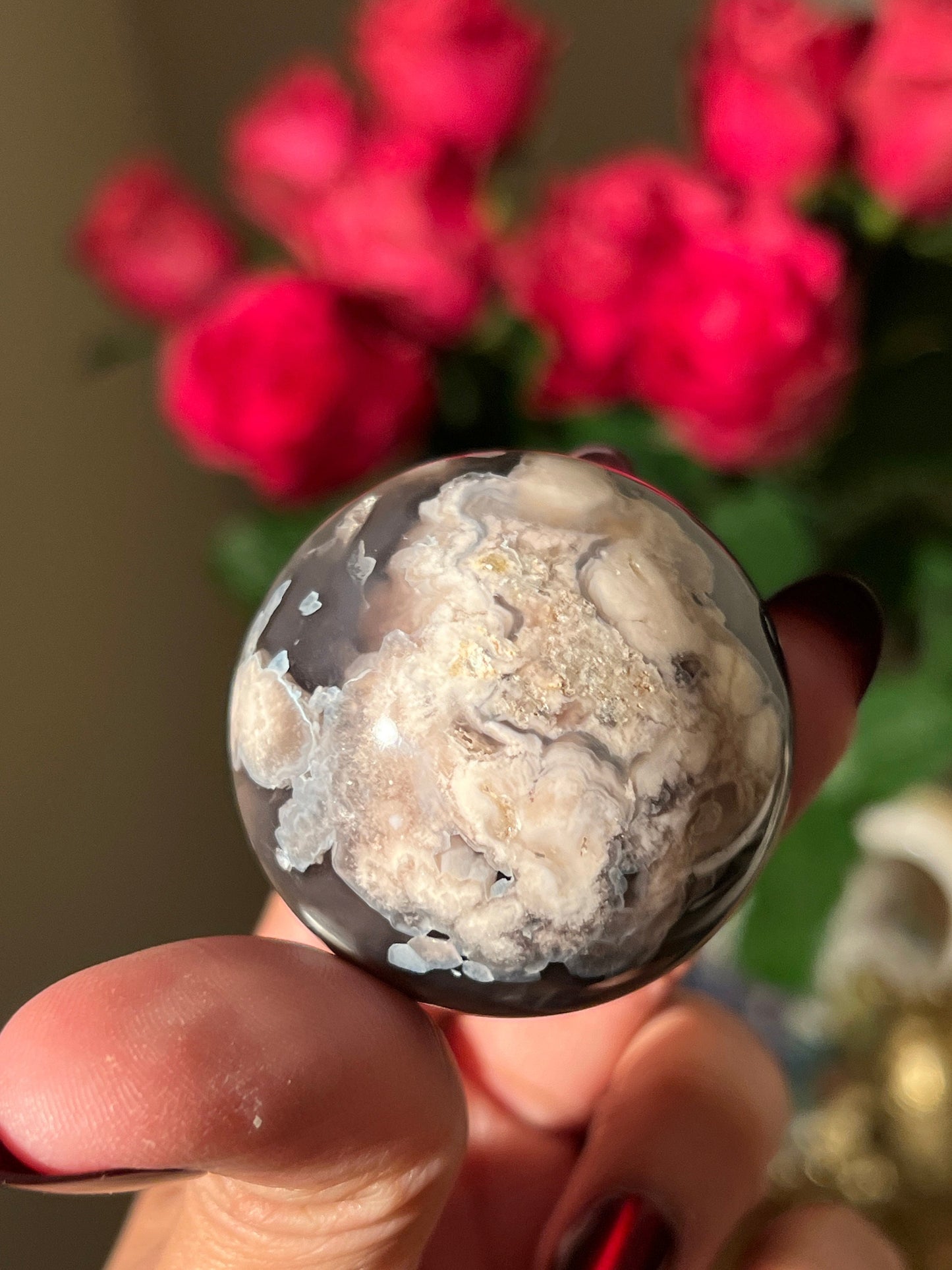 Black Flower Agate Sphere, Rare Black Flower Agate, Blue Flower Agate, Cherry Blossom Agate, Sakura Agate, Crystal Sphere, SMALL