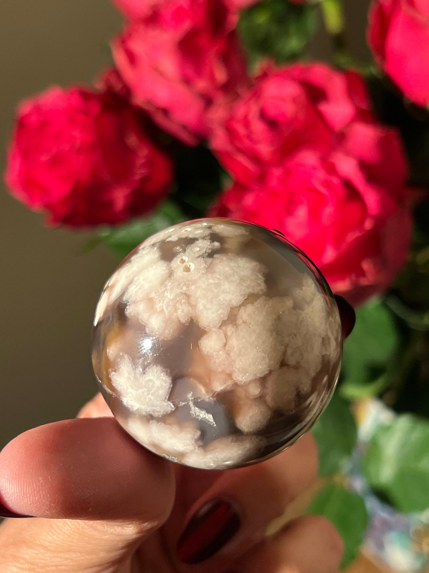 Black Flower Agate Sphere, Blue Flower Agate, Rare Black Flower Agate, Cherry Blossom Agate, Sakura Agate