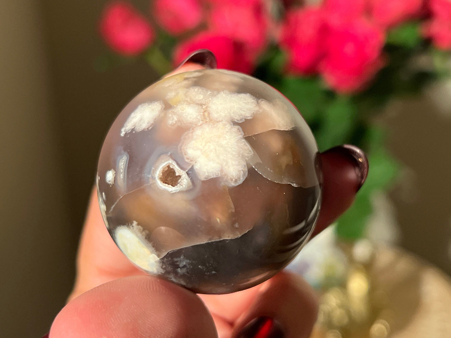 Black Flower Agate Sphere, Blue Flower Agate, Rare Black Flower Agate, Cherry Blossom Agate, Sakura Agate