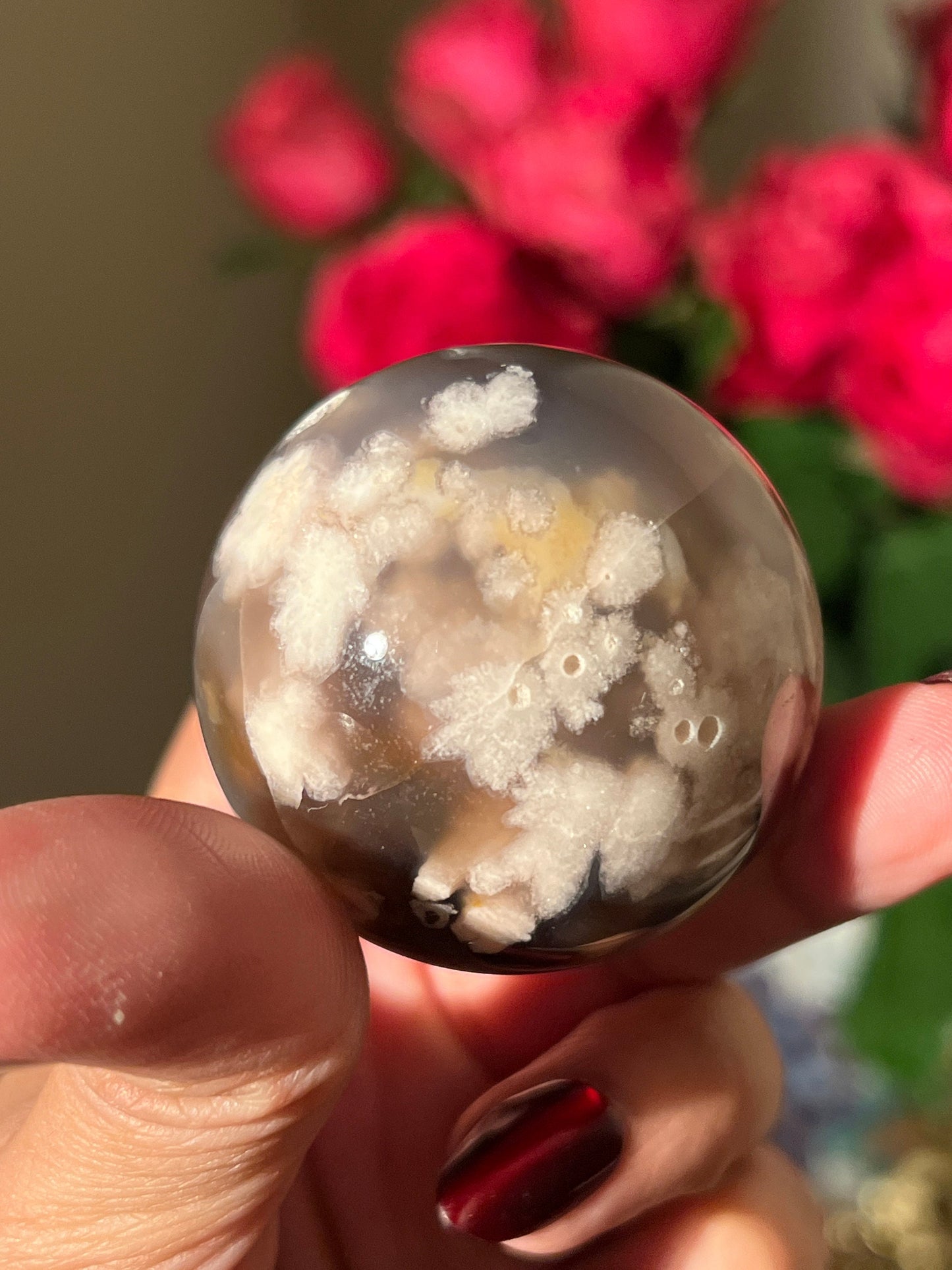 Black Flower Agate Sphere, Blue Flower Agate, Rare Black Flower Agate, Cherry Blossom Agate, Sakura Agate