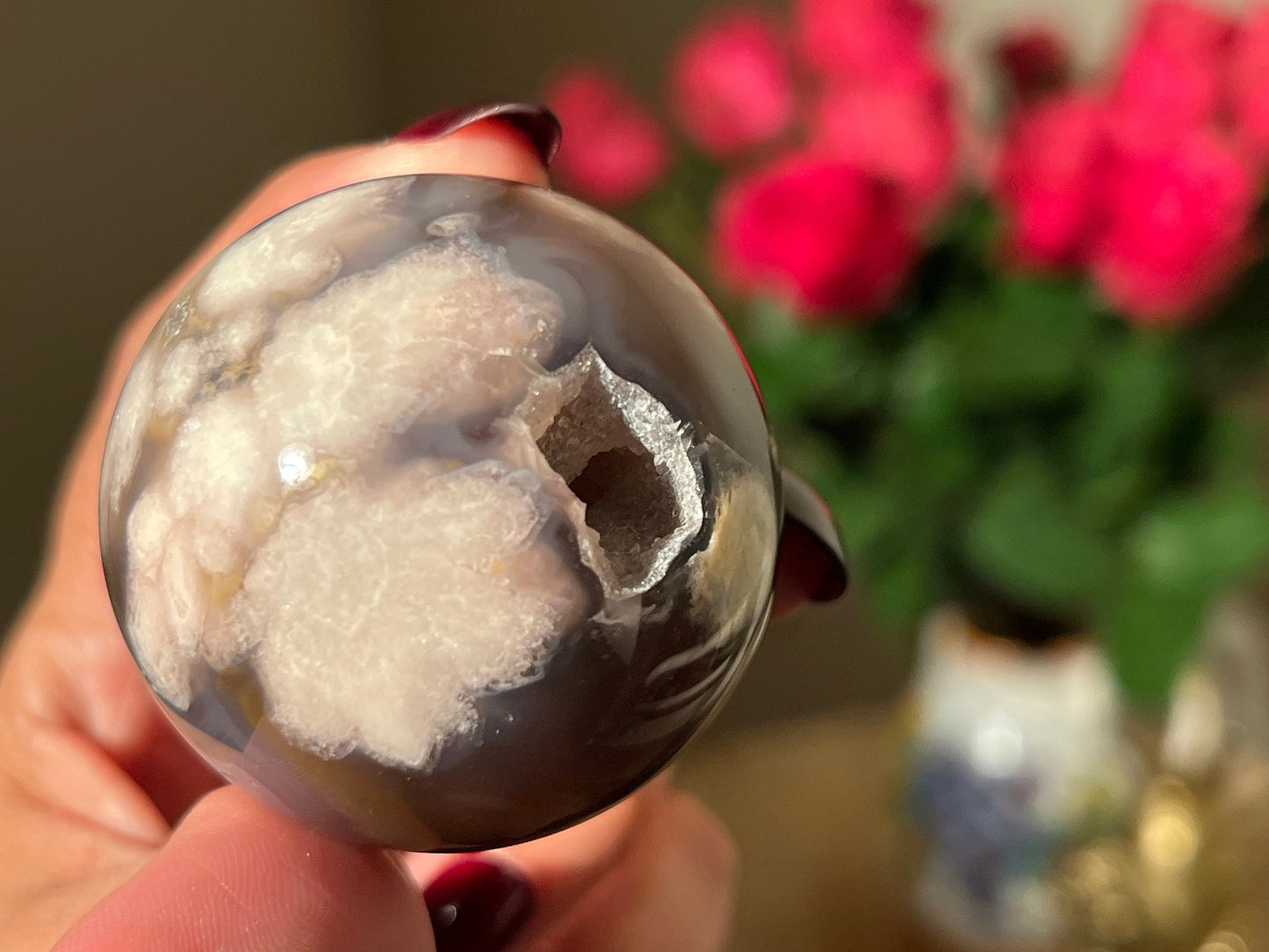 Black Flower Agate Sphere, Blue Flower Agate, Rare Black Flower Agate, Cherry Blossom Agate, Sakura Agate