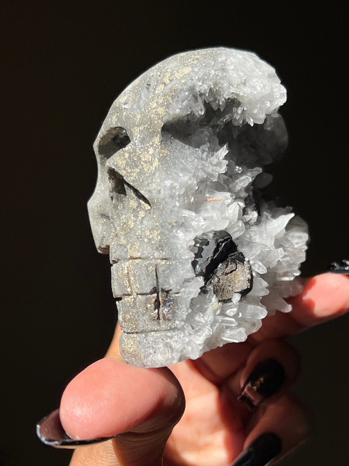 Black Tourmaline Crystal Skull with Pyrite, Crystal Skull