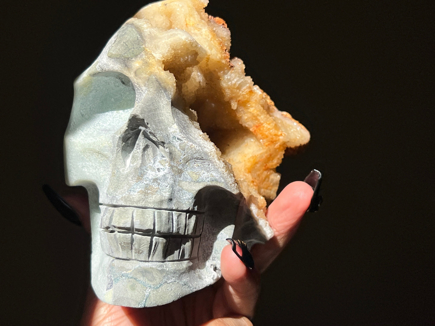 Druzy Caribbean Calcite Skull, Blue Aragonite Skull -Metaphysical gifts