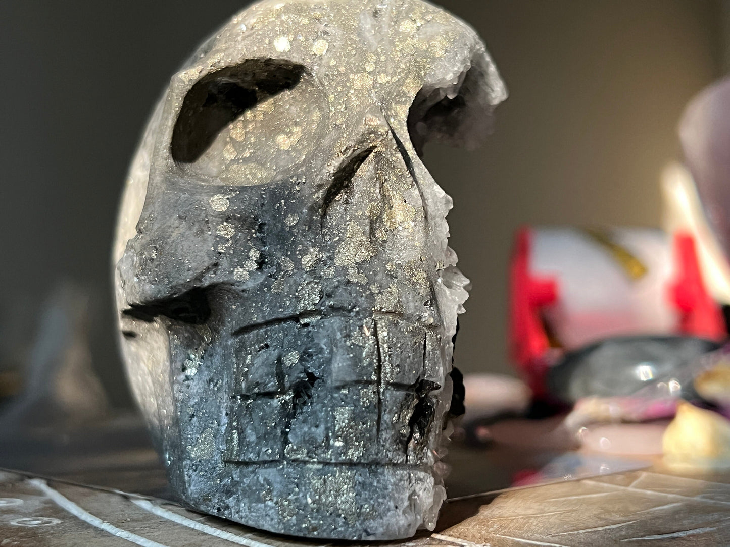 Black Tourmaline Crystal Skull with Pyrite, Crystal Skull