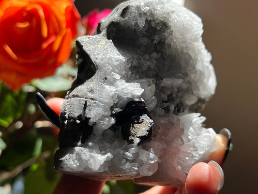 Black Tourmaline Crystal Skull with Pyrite, Crystal Skull