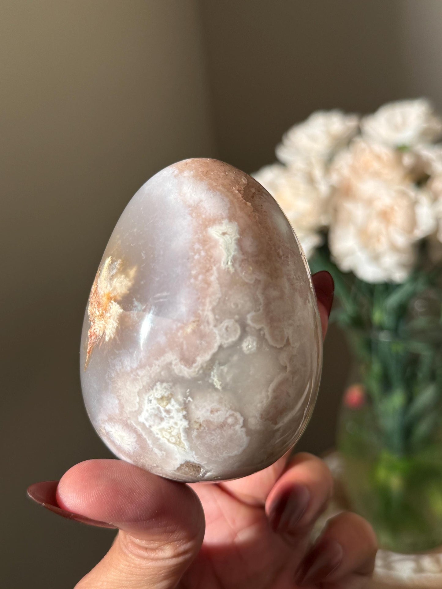 Flower Agate Egg – Pink Amethyst Crystal Stone for Gift or Decor