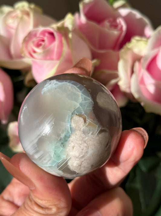 Green Flower Agate, Green Flower Agate Sphere, Sakura Agate, Cherry Blossom Agate, Heart Crystals, Crystal Gifts, Metaphysical Gifts