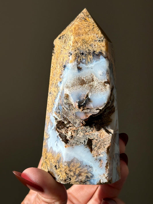 Sagenite Agate with Golden Rutile – Blue Dendritic Agate Crystal