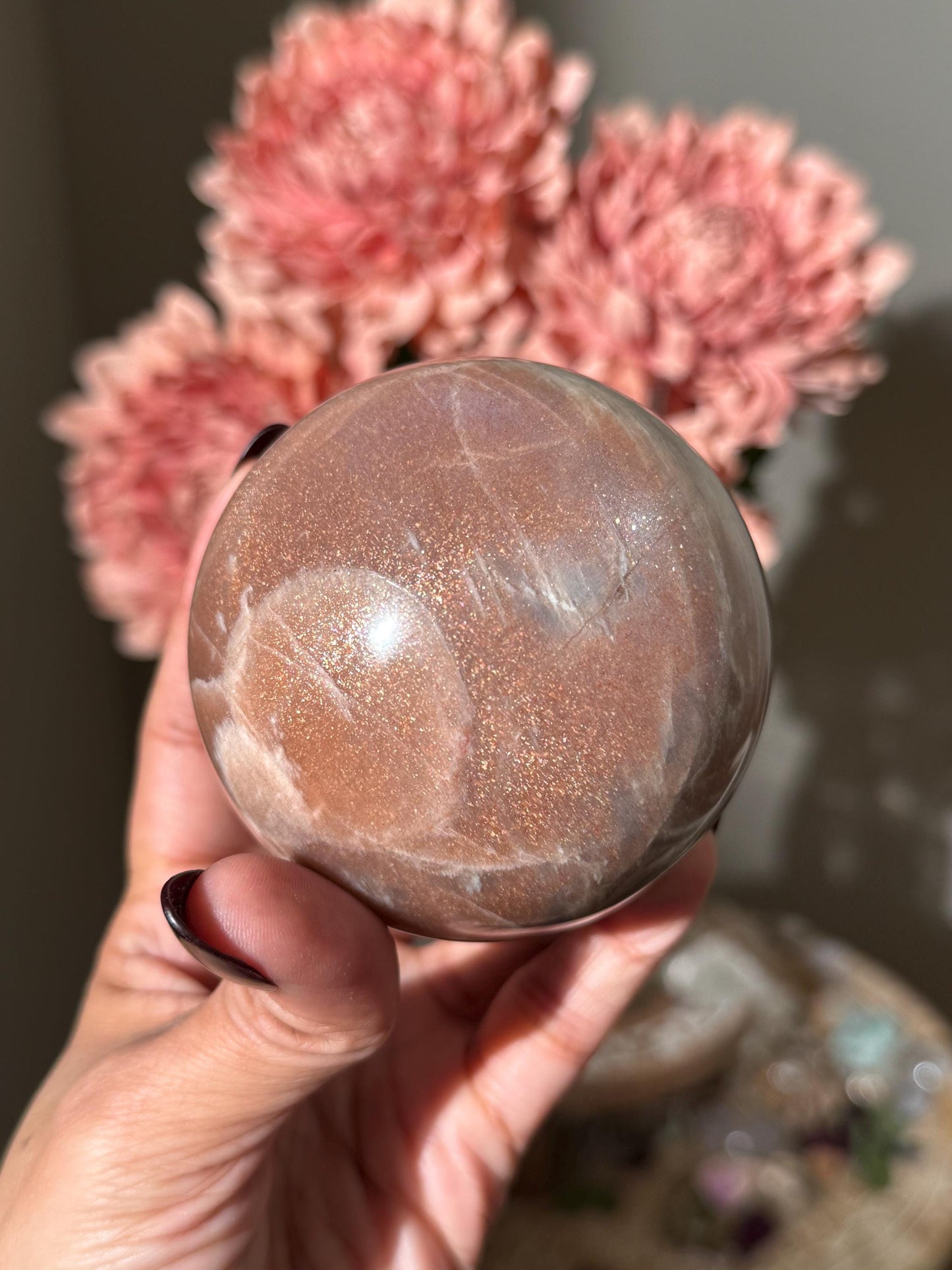 Star Flash Peach Suntone Sphere, Sunstone With Rainbow Confetti, Sunstone with  Moonstone Peach Moonstone, 76 mm