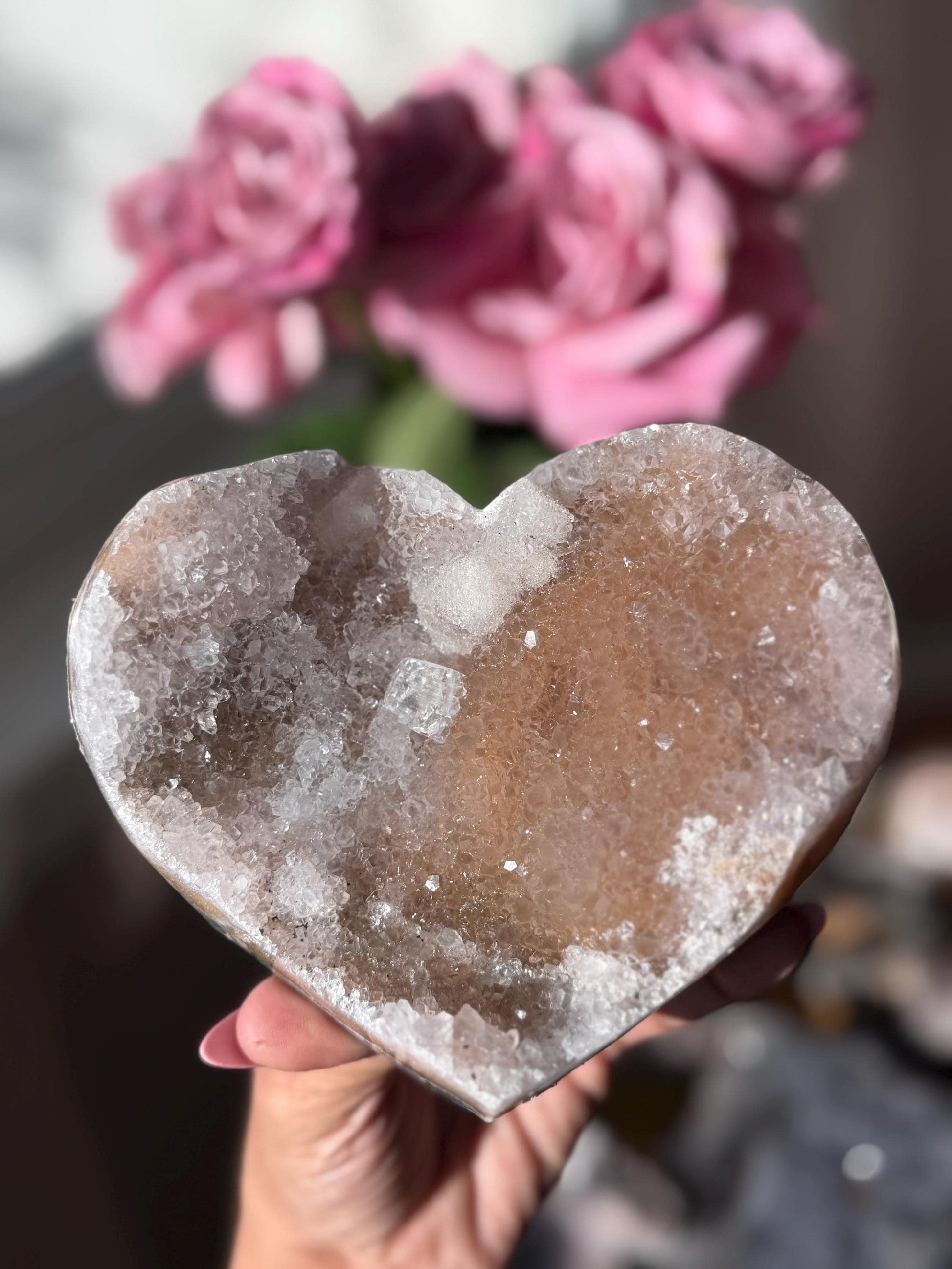 Pink Amethyst Zeolite Heart with Calcite Cube, Pink Amethyst, Zeolite