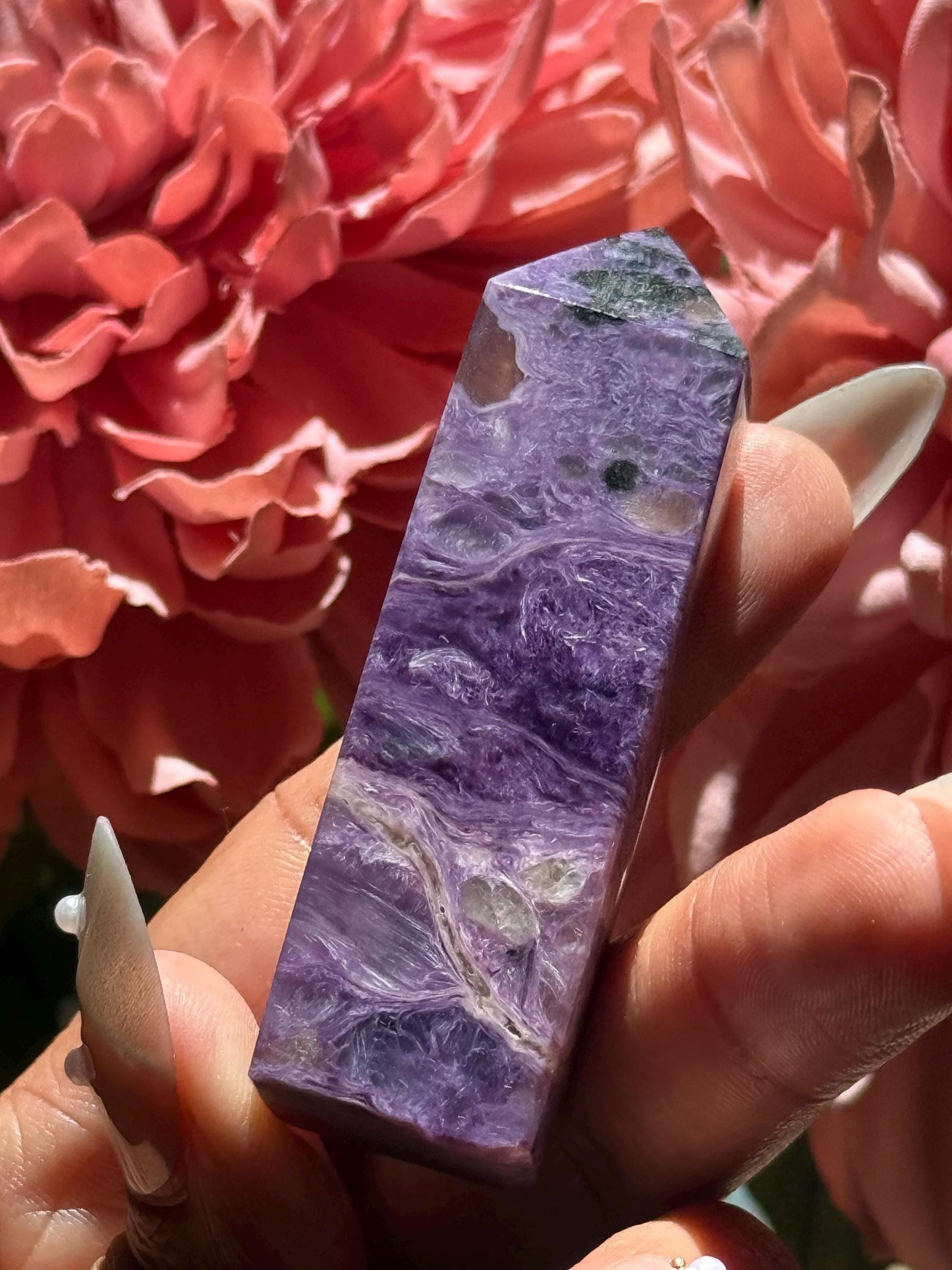 Charoite Crystal Tower – Rare Purple Point with Rainbow Flash
