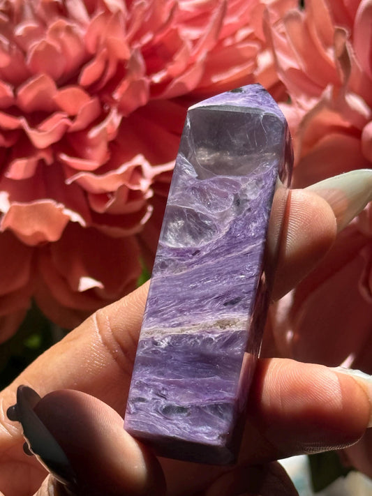 Charoite Crystal Tower – Rare Purple Point with Rainbow Flash