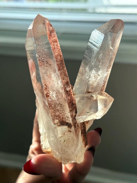 Raw Clear Quartz Cluster with Druzy Hematite “Dream Coat” Crystal Specimen,