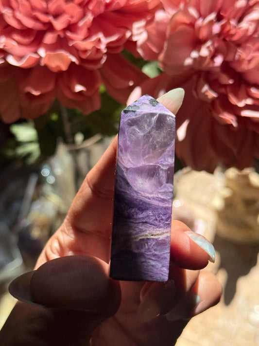 Charoite Crystal Tower – Rare Purple Point with Rainbow Flash