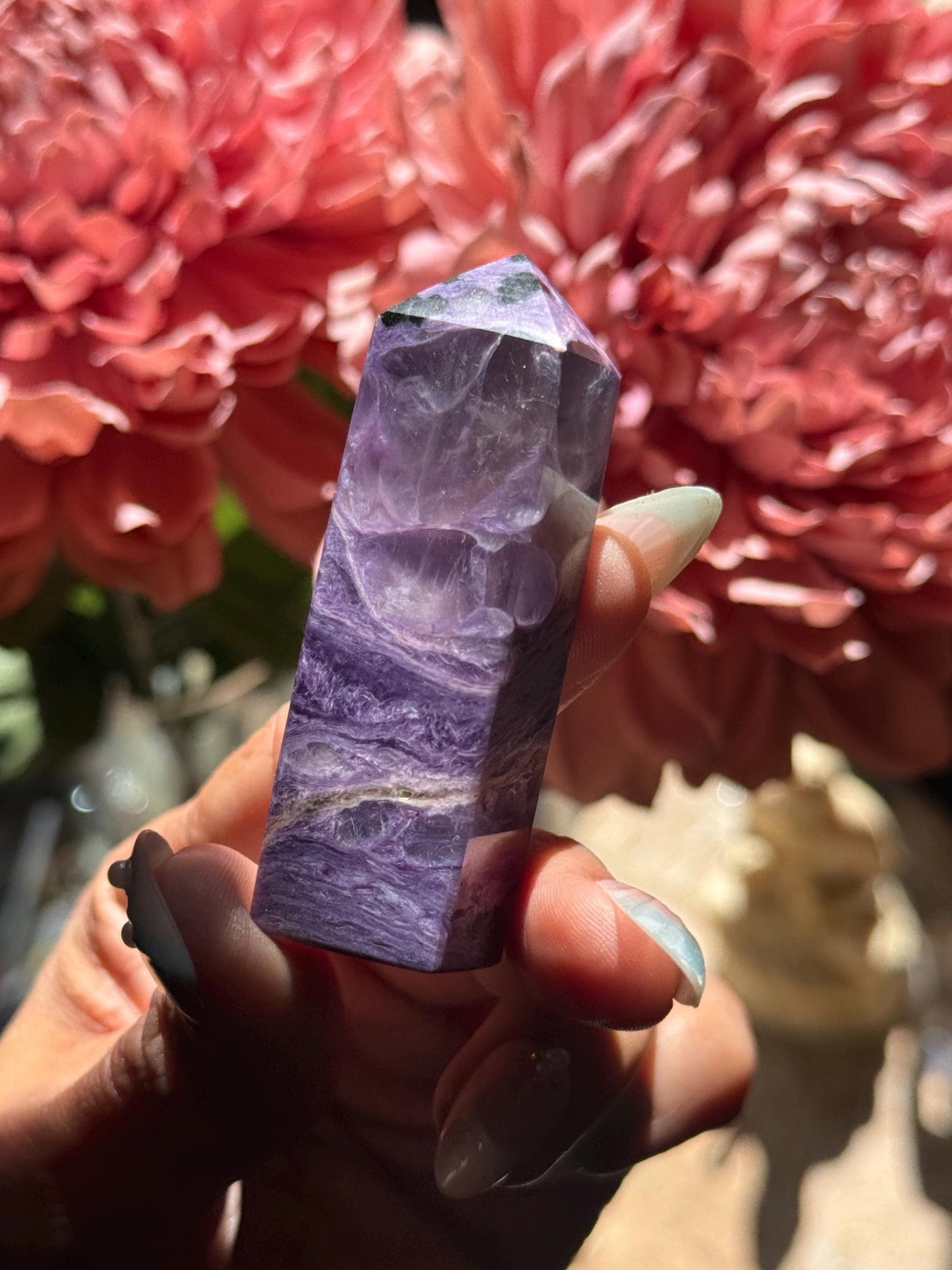 Charoite Crystal Tower – Rare Purple Point with Rainbow Flash