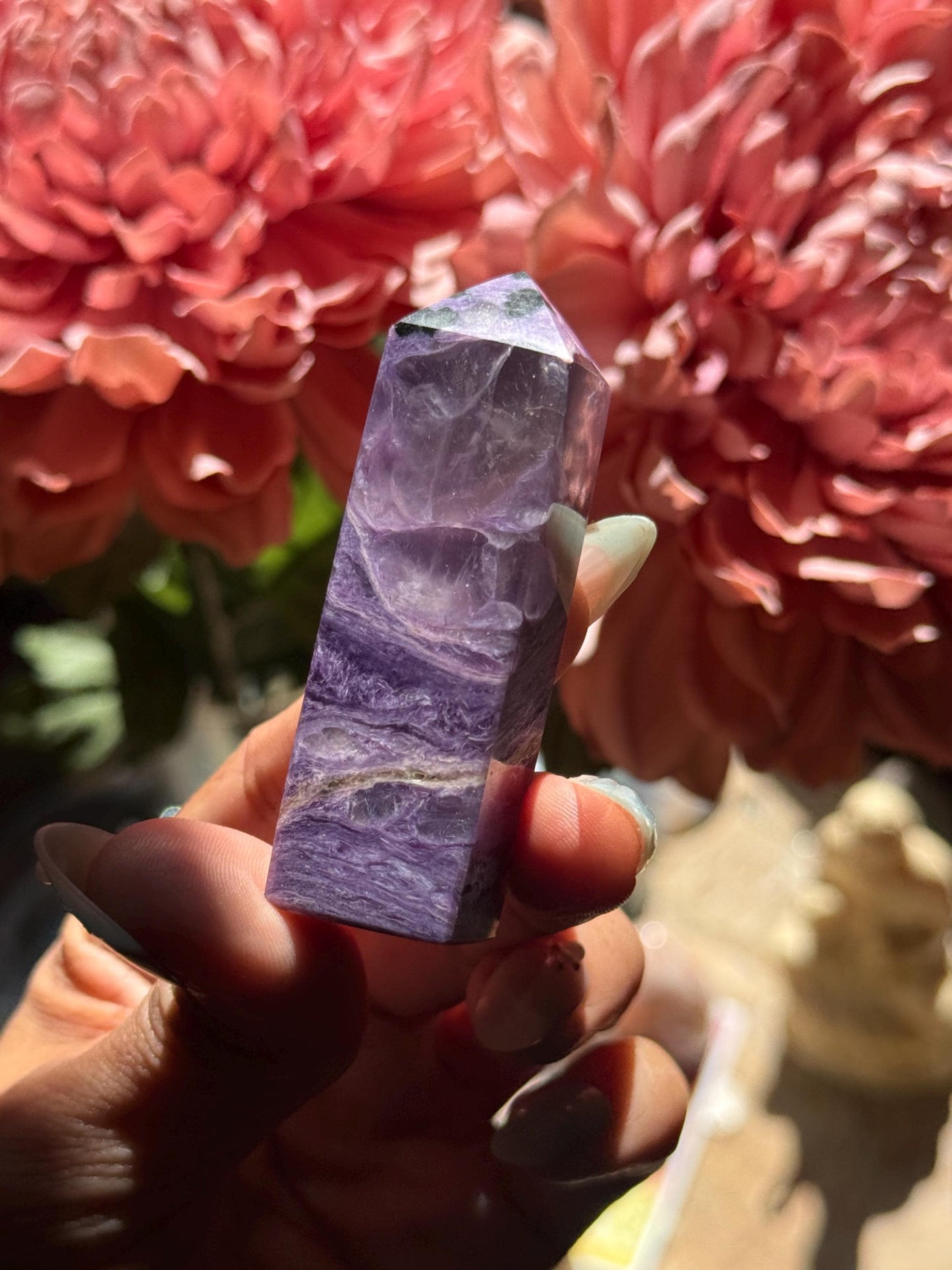 Charoite Crystal Tower – Rare Purple Point with Rainbow Flash