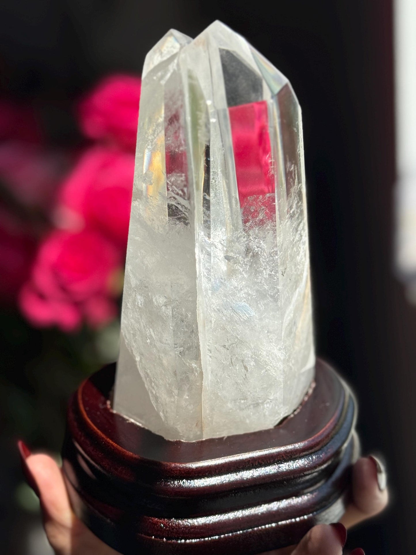 Twin Quartz Crystal on Wooden Stand, Natural Twin Quartz, Twin Flame Quartz, Home Decoration